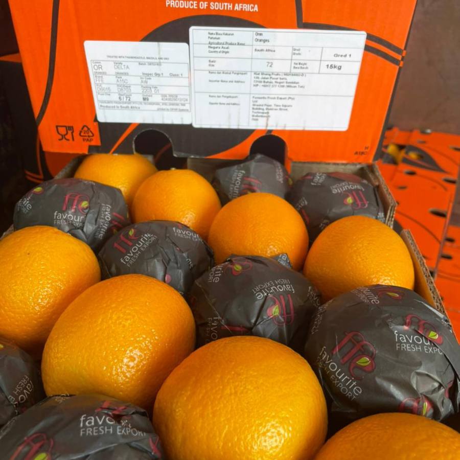 FFE-branded export carton packed with oranges